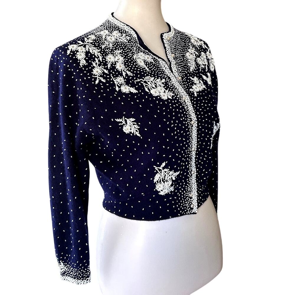 1950s Gene Shelly's Boutique Internationale Beaded  Blue Cardigan Sweater